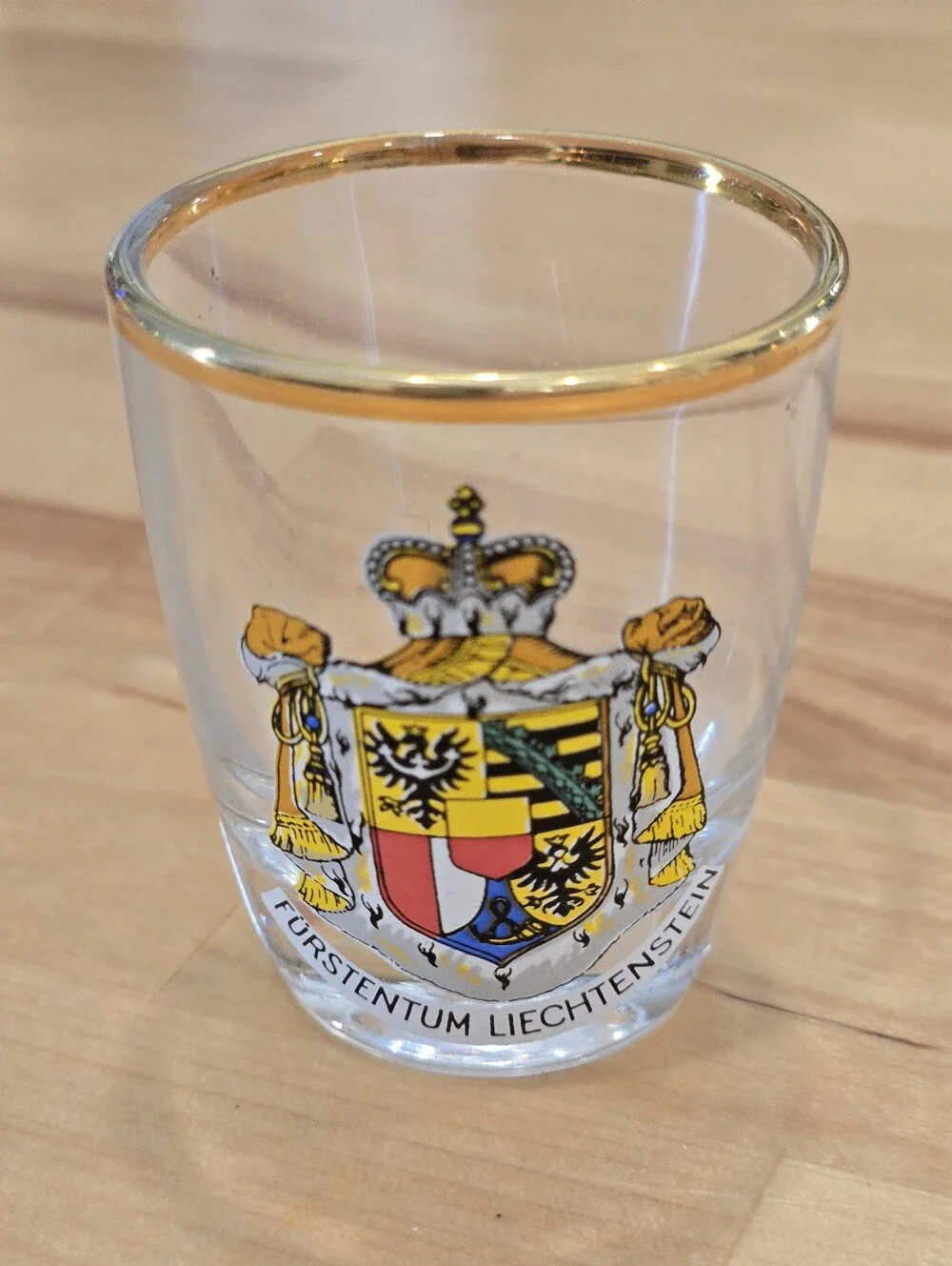 Vintage Liechtenstein Crest Gold-Rim Souvenir Shot Glass With Molded Alpine Base